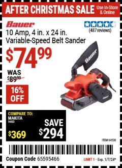 Harbor Freight Coupon BAUER 10 AMP, 4 IN. X 24 IN. VARIABLE-SPEED BELT SANDER Lot No. 64530 Expired: 1/7/24 - $74.99