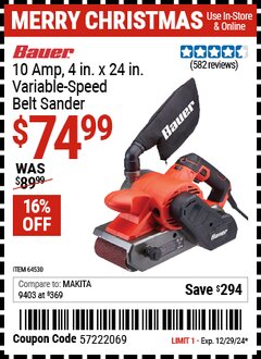 Harbor Freight Coupon BAUER 10 AMP, 4 IN. X 24 IN. VARIABLE-SPEED BELT SANDER Lot No. 64530 Expired: 12/29/24 - $74.99