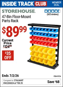 Harbor Freight Coupon STOREHOUSE 47-BIN FLOOR-MOUNT PARTS RACK Lot No. 95736/61166 Valid: 12/31/69 - 7/2/26 - $89.99