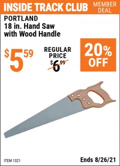 Harbor Freight ITC Coupon PORTLAND 18 IN. HAND SAW WITH WOOD HANDLE Lot No. 1321 Expired: 8/26/21 - $5.59
