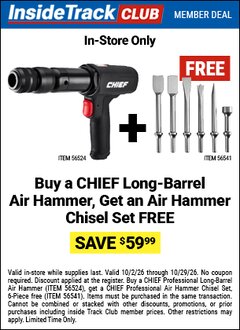 Harbor Freight Free Coupon CHIEF PROFESSIONAL AIR HAMMER CHISEL SET, 6-PIECE Lot No. 56541 Valid Thru: 10/29/26 - FWP