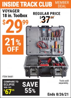 Harbor Freight ITC Coupon VOYAGER 18 IN. TOOLBOX Lot No. 56681 Expired: 8/26/21 - $29.99