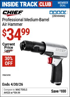 Harbor Freight Coupon CHIEF PROFESSIONAL MEDIUM-BARREL AIR HAMMER Lot No. 56990 Valid: 12/31/69 - 4/30/26 - $34.99