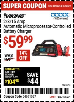 Harbor Freight Coupon CEN-TECH 2 AMP , 6V/12V, 3-STAGE MICROPROCESSOR-CONTROLLED AUTOMATIC BATTERY CHARGER Lot No. 57015 Expired: 10/8/23 - $59.99