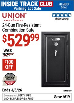 Harbor Freight ITC Coupon UNION SAFE COMPANY 24-GUN FIRE-RESISTANT COMBINATION SAFE Lot No. 57039 Expired: 3/5/26 - $529.99