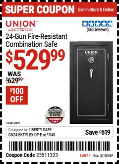 Harbor Freight Coupon UNION SAFE COMPANY 24-GUN FIRE-RESISTANT COMBINATION SAFE Lot No. 57039 Expired: 3/15/26 - $529.99
