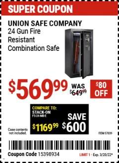 Harbor Freight Coupon  UNION SAFE COMPANY 24 GUN FIRE RESISTANT COMBINATION SAFE Lot No. 57039 Expired: 3/20/22 - $569.99