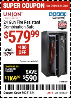 Harbor Freight Coupon  UNION SAFE COMPANY 24 GUN FIRE RESISTANT COMBINATION SAFE Lot No. 57039 Expired: 10/23/22 - $579.99