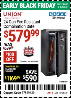 Harbor Freight Coupon  UNION SAFE COMPANY 24 GUN FIRE RESISTANT COMBINATION SAFE Lot No. 57039 Expired: 11/23/22 - $579.99