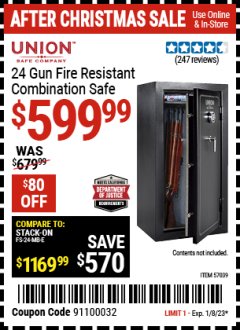 Harbor Freight Coupon  UNION SAFE COMPANY 24 GUN FIRE RESISTANT COMBINATION SAFE Lot No. 57039 Expired: 1/8/23 - $599.99