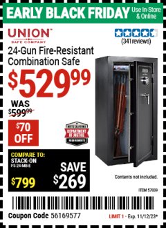 Harbor Freight Coupon  UNION SAFE COMPANY 24 GUN FIRE RESISTANT COMBINATION SAFE Lot No. 57039 Expired: 11/12/23 - $529.99
