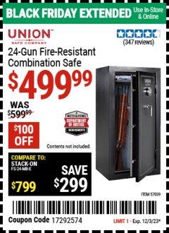 Harbor Freight Coupon  UNION SAFE COMPANY 24 GUN FIRE RESISTANT COMBINATION SAFE Lot No. 57039 Expired: 12/3/23 - $499.99