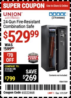 Harbor Freight Coupon  UNION SAFE COMPANY 24 GUN FIRE RESISTANT COMBINATION SAFE Lot No. 57039 Expired: 1/21/24 - $529.99