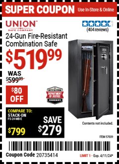 Harbor Freight Coupon  UNION SAFE COMPANY 24 GUN FIRE RESISTANT COMBINATION SAFE Lot No. 57039 Expired: 4/11/24 - $519.99