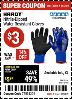 Harbor Freight Coupon HARDY NITRILE-DIPPED WATER-RESISTANT GLOVES, LARGE Lot No. 57513/57514 Expired: 10/29/23 - $3
