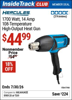Harbor Freight ITC Coupon HERCULES 1700 WATT, 14 AMP, 108-TEMPERATURE HIGH-OUTPUT HEAT GUN Lot No. 57988 Valid Thru: 7/30/26 - $44.99