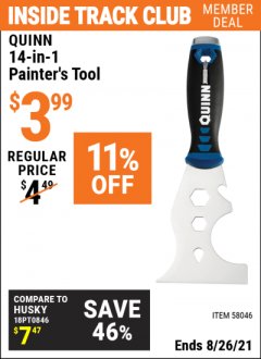 Harbor Freight ITC Coupon QUINN 14-IN-1 PAINTERS TOOL Lot No. 58046 Expired: 8/26/21 - $3.99