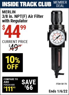 Harbor Freight ITC Coupon MERLIN 3/8 IN. NPT(F) AIR FILTER WITH REGULATOR Lot No. 58178 Expired: 1/6/22 - $44.99