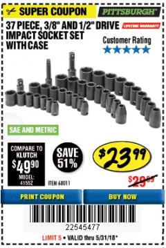 Harbor Freight Coupon 37 PIECE 3/8" AND 1/2" DRIVE COMBINATION IMPACT SOCKET SET Lot No. 68011 Expired: 5/31/18 - $23.99