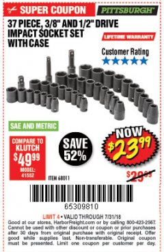Harbor Freight Coupon 37 PIECE 3/8" AND 1/2" DRIVE COMBINATION IMPACT SOCKET SET Lot No. 68011 Expired: 7/31/18 - $23.99
