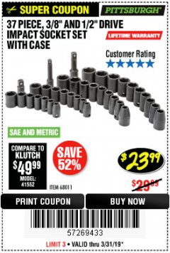 Harbor Freight Coupon 37 PIECE 3/8" AND 1/2" DRIVE COMBINATION IMPACT SOCKET SET Lot No. 68011 Expired: 3/31/19 - $23.99