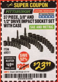 Harbor Freight Coupon 37 PIECE 3/8" AND 1/2" DRIVE COMBINATION IMPACT SOCKET SET Lot No. 68011 Expired: 3/31/19 - $23.99