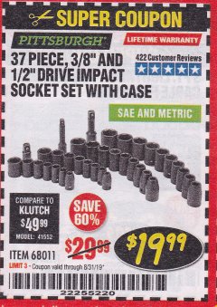 Harbor Freight Coupon 37 PIECE 3/8" AND 1/2" DRIVE COMBINATION IMPACT SOCKET SET Lot No. 68011 Expired: 8/31/19 - $19.99