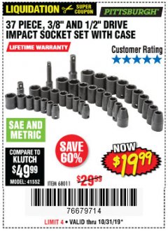 Harbor Freight Coupon 37 PIECE 3/8" AND 1/2" DRIVE COMBINATION IMPACT SOCKET SET Lot No. 68011 Expired: 10/31/19 - $19.99