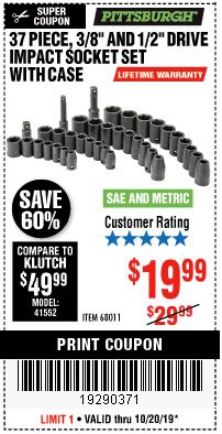 Harbor Freight Coupon 37 PIECE 3/8" AND 1/2" DRIVE COMBINATION IMPACT SOCKET SET Lot No. 68011 Expired: 10/20/19 - $19.99