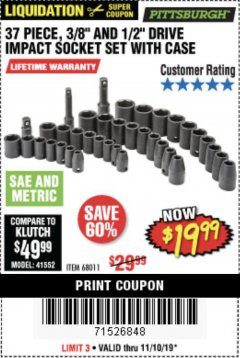 Harbor Freight Coupon 37 PIECE 3/8" AND 1/2" DRIVE COMBINATION IMPACT SOCKET SET Lot No. 68011 Expired: 11/10/19 - $19.99