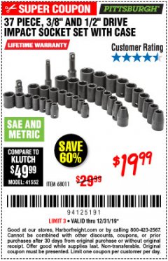 Harbor Freight Coupon 37 PIECE 3/8" AND 1/2" DRIVE COMBINATION IMPACT SOCKET SET Lot No. 68011 Expired: 12/31/19 - $19.99
