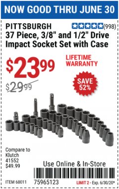 Harbor Freight Coupon 37 PIECE 3/8" AND 1/2" DRIVE COMBINATION IMPACT SOCKET SET Lot No. 68011 Expired: 6/30/20 - $23.99