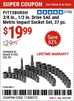 Harbor Freight Coupon 37 PIECE 3/8" AND 1/2" DRIVE COMBINATION IMPACT SOCKET SET Lot No. 68011 Expired: 10/31/20 - $19.99