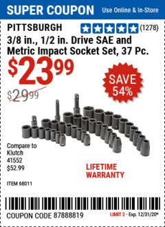 Harbor Freight Coupon 37 PIECE 3/8" AND 1/2" DRIVE COMBINATION IMPACT SOCKET SET Lot No. 68011 Expired: 12/31/20 - $23.99