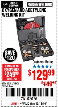 Harbor Freight Coupon OLSEN MEDIUM DUTY OXYGEN AND ACETYLENE WELDING KIT Lot No. 64408 Expired: 10/13/19 - $129.99