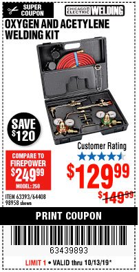 Harbor Freight Coupon OLSEN MEDIUM DUTY OXYGEN AND ACETYLENE WELDING KIT Lot No. 64408 Expired: 10/13/19 - $129.99