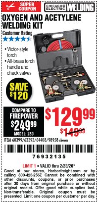 Harbor Freight Coupon OLSEN MEDIUM DUTY OXYGEN AND ACETYLENE WELDING KIT Lot No. 64408 Expired: 2/23/20 - $129.99