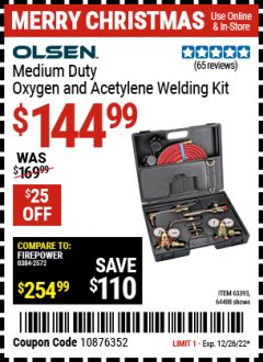 Harbor Freight Coupon OLSEN MEDIUM DUTY OXYGEN AND ACETYLENE WELDING KIT Lot No. 64408 Expired: 12/26/22 - $144.99