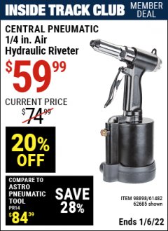 Harbor Freight ITC Coupon CENTRAL PNEUMATIC 1/4 IN. AIR HYDRAULIC RIVETER Lot No. 94669/166898898/61482/62685 Expired: 1/6/22 - $59.99