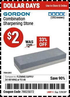 Harbor Freight Coupon GORDON COMBINATION SHARPENING STONE Lot No. 62852 Expired: 7/29/26 - $2
