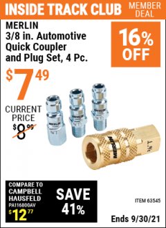 Harbor Freight Coupon MERLIN 3/8 IN. AUTOMOTIVE COUPLER AND PLUG KIT 4 PC. Lot No. 63545 Expired: 9/30/21 - $7.49