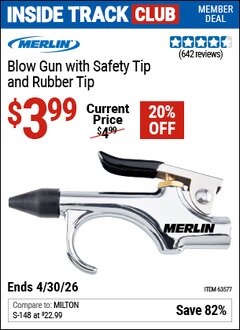 Harbor Freight ITC Coupon MERLIN BLOW GUN WITH SAFETY TIP AND RUBBER TIP Lot No. 63577 Valid Thru: 4/30/26 - $3.99