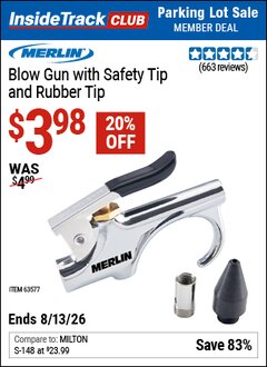 Harbor Freight ITC Coupon MERLIN BLOW GUN WITH SAFETY TIP AND RUBBER TIP Lot No. 63577 Valid Thru: 8/13/26 - $3.98
