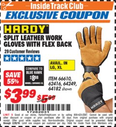 Harbor Freight ITC Coupon SPLIT LEATHER WORK GLOVES WITH FLEX BACK Lot No. 66610/62416 Expired: 2/28/19 - $3.99