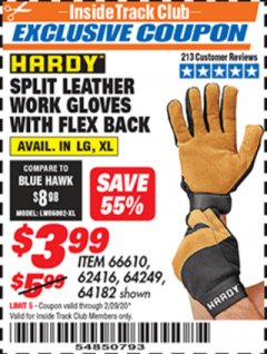 Harbor Freight ITC Coupon SPLIT LEATHER WORK GLOVES WITH FLEX BACK Lot No. 66610/62416 Expired: 2/29/20 - $3.99