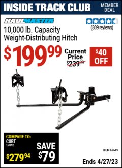 Harbor Freight ITC Coupon HAUL-MASTER 10,000 LB. CAPACITY WEIGHT-DISTRIBUTING HITCH Lot No. 67649 Expired: 4/27/23 - $199.99
