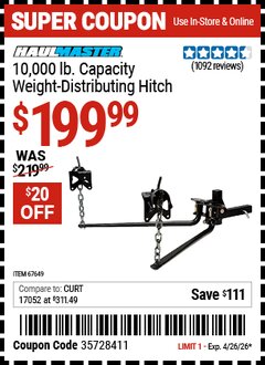 Harbor Freight Coupon HAUL-MASTER 10,000 LB. CAPACITY WEIGHT-DISTRIBUTING HITCH Lot No. 67649 Valid Thru: 4/26/26 - $199.99