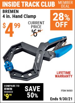 Harbor Freight ITC Coupon BREMEN 4 IN. HAND CLAMP Lot No. 56503 Expired: 9/30/21 - $4.99