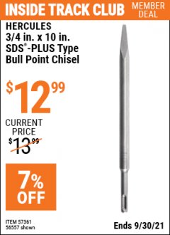 Harbor Freight ITC Coupon HERCULES 3/4 IN. X 10 IN. SDS-PLUS TYPE BULL POINT CHISEL Lot No. 57361, 56557 Expired: 9/30/21 - $12.99
