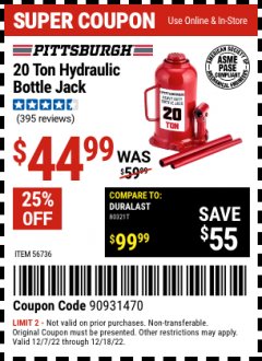 Harbor Freight Coupon PITTSBURGH 20 TON HYDRAULIC BOTTLE JACK Lot No. 56736 Expired: 12/18/22 - $44.99
